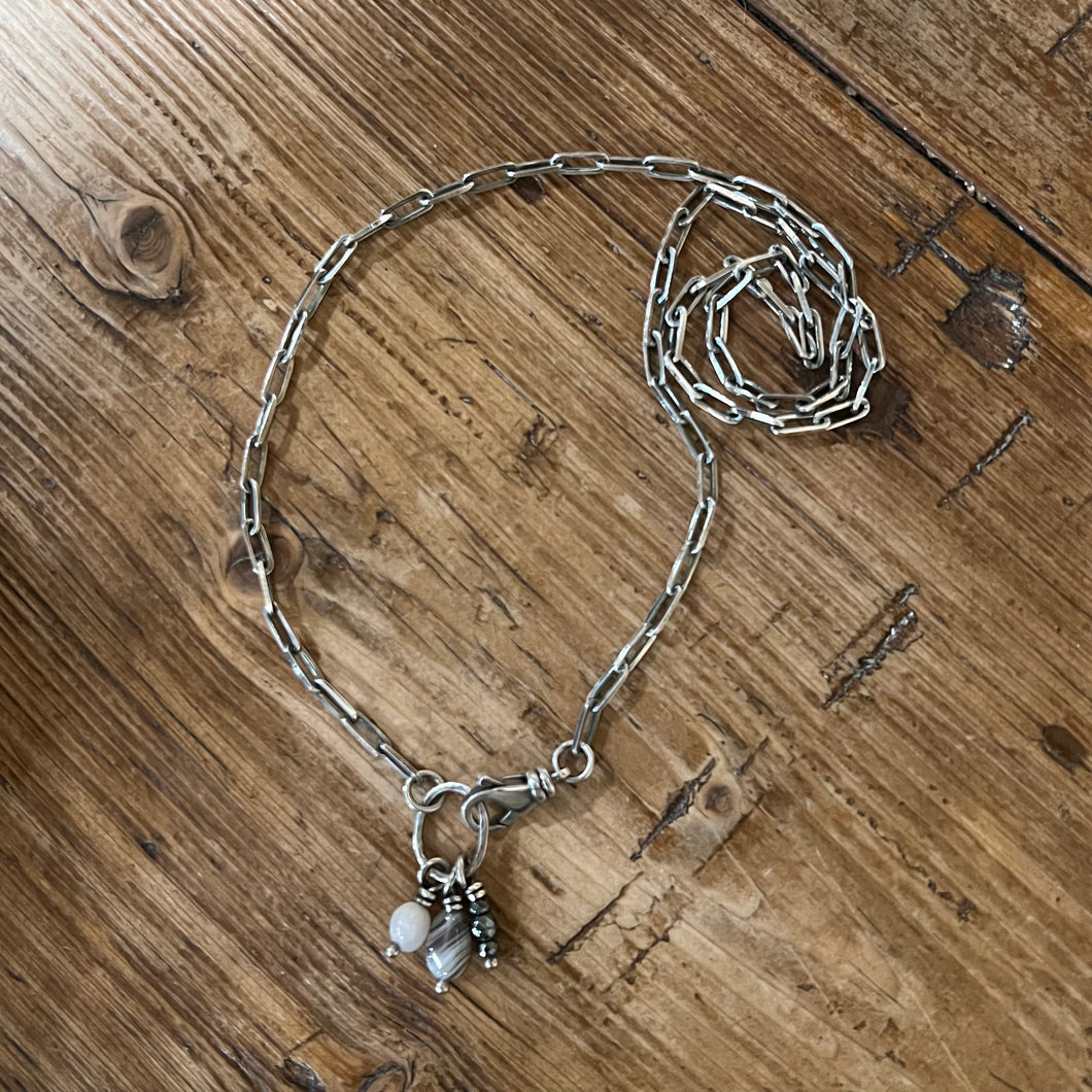 Sterling Silver Paperclip Chain Gemstone Charm Necklace