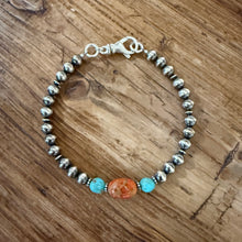 Sterling Navajo Pearl, Kingman Turquoise & Apple Coral Bracelet