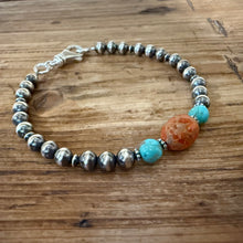 Sterling Navajo Pearl, Kingman Turquoise & Apple Coral Bracelet