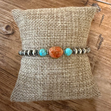 Sterling Navajo Pearl, Kingman Turquoise & Apple Coral Bracelet
