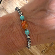 Sterling Navajo Pearl, Kingman Turquoise & Apple Coral Bracelet