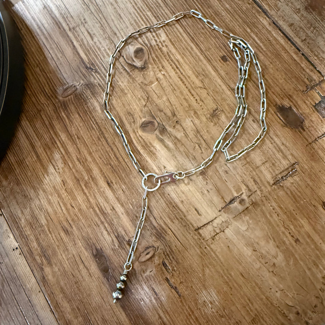 Sterling Paperclip Chain Navajo Pearl Lariat Necklace