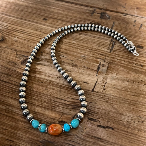 Navajo Pearl Kingman Turquoise Apple Coral Necklace