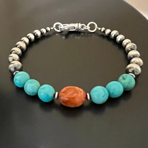 Kingman Turquoise Apple Coral Navajo Pearl Bracelet