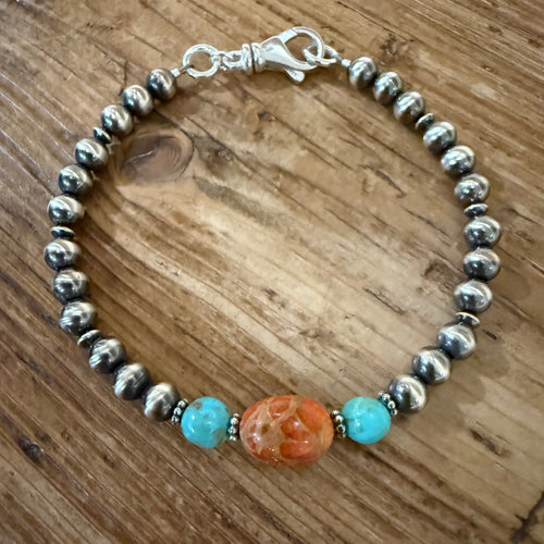 Sterling Navajo Pearl, Kingman Turquoise & Apple Coral Bracelet