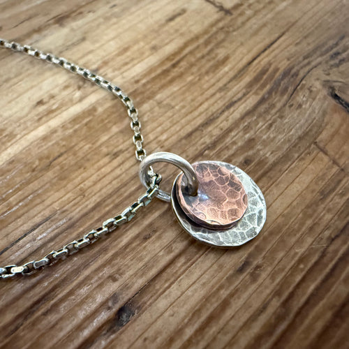 Hammered Sterling and Copper Disk Necklace