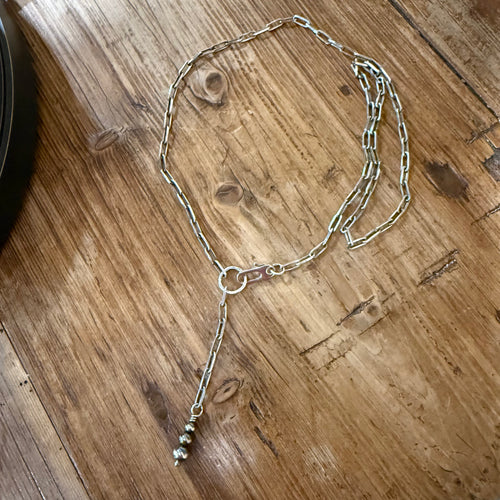 Sterling Paperclip Chain Navajo Pearl Lariat Necklace