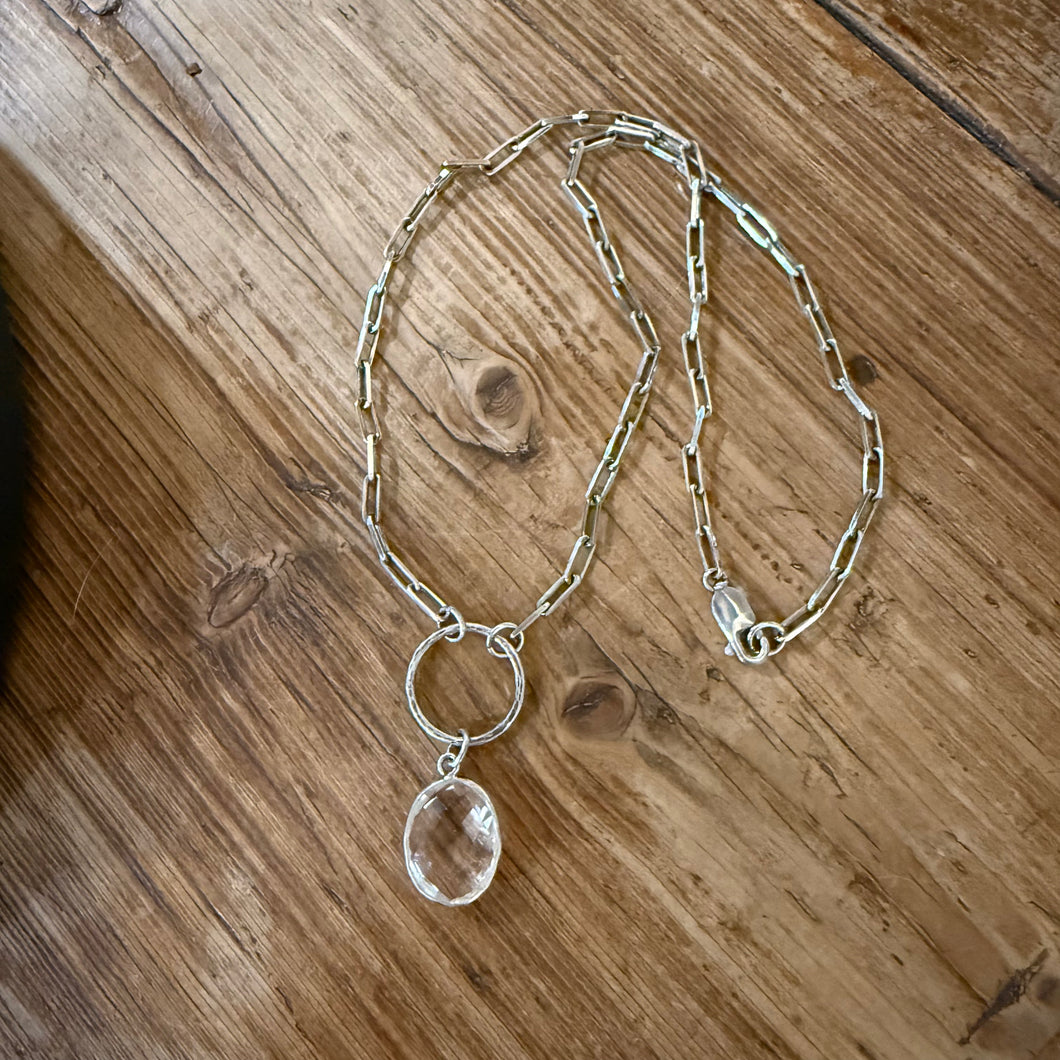 Sterling Paperclip Chain Bezel Crystal Pendant Necklace