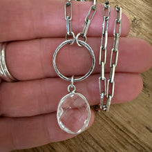 Sterling Paperclip Chain Bezel Crystal Pendant Necklace