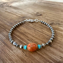 Sterling Navajo Pearl, Apple Coral & Turquoise Bracelet