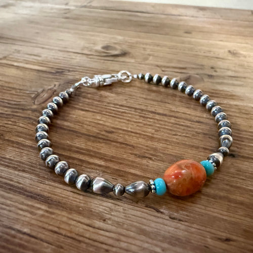 Sterling Navajo Pearl, Apple Coral & Turquoise Bracelet