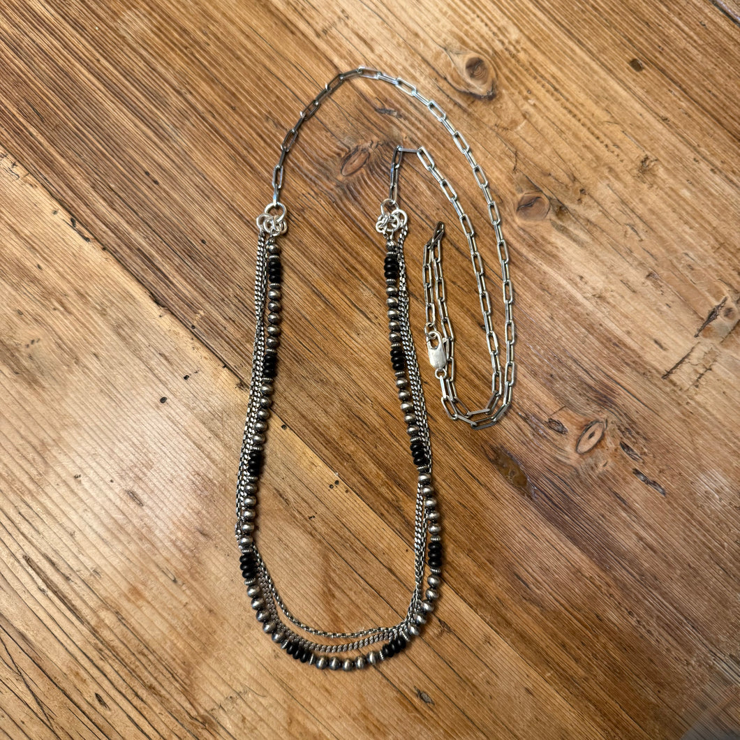 Sterling Silver Navajo Pearl & Black Onyx Multi Strand Necklace