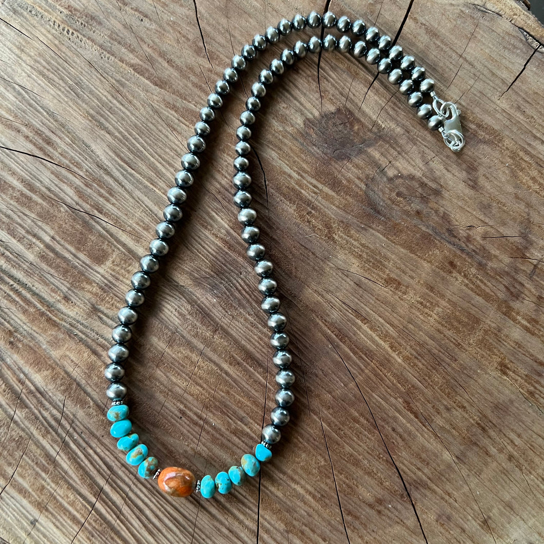 Navajo Pearl Kingman Turquoise Apple Coral Necklace