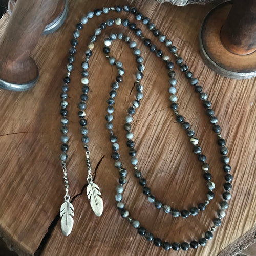 Black Silver Leaf Jasper Feather Lariat